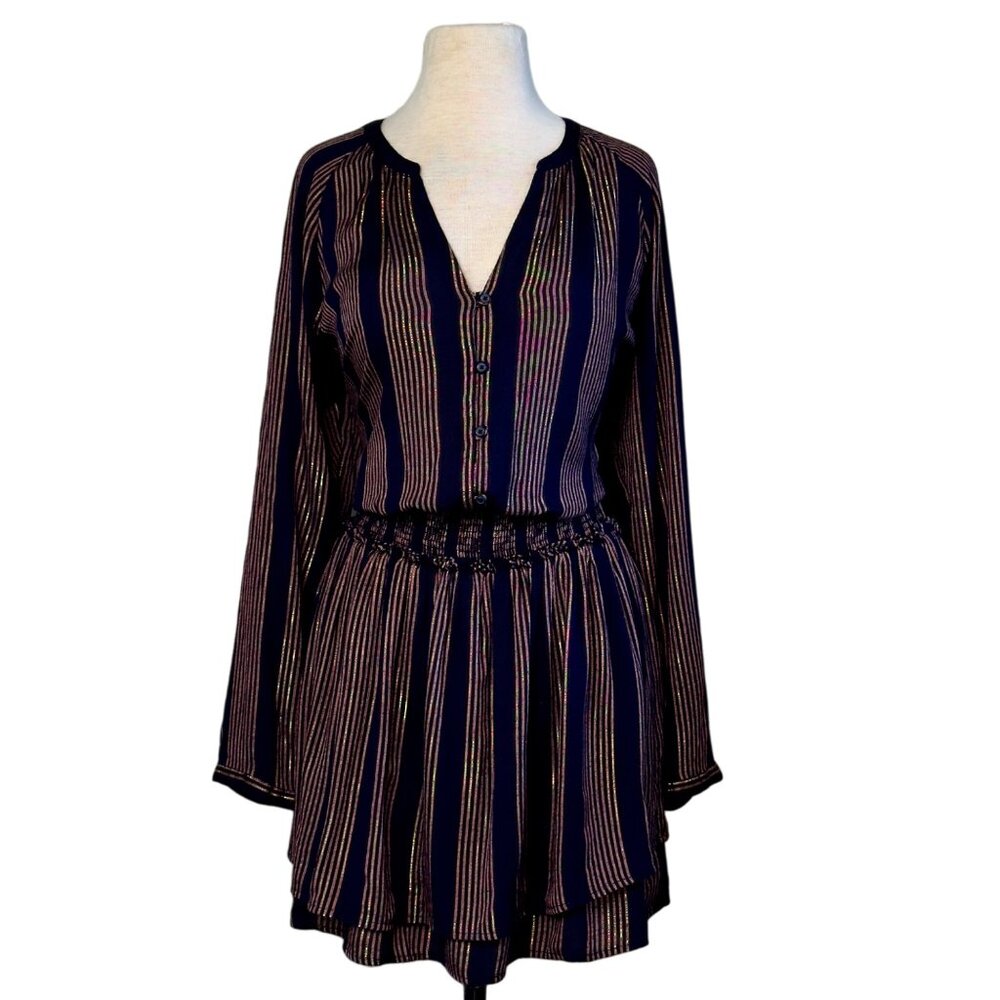 Rails Black Bronze Gold Jasmine Midas Metallic Striped Smocked Dress Size L NEW!